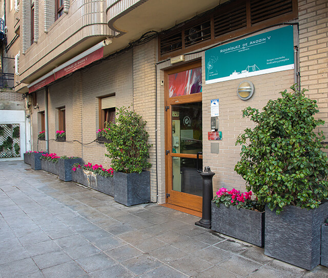 Imagen de la entrada de la Residencia Rodríguez de Andoin V. A cada lado de la puerta hay varios arbustos, y en la pared hay un cartel verde con letras blancas y el logo de la Residencia Andoin V.